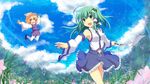  blonde_hair blue_eyes blue_sky cloud cross_(crossryou) day detached_sleeves flower frog gohei grass green_eyes green_hair hair_ornament hair_ribbon hat highres jumping kochiya_sanae long_hair long_sleeves moriya_suwako multiple_girls open_mouth outdoors outstretched_arms ribbon shirt skirt skirt_set sky snake_hair_ornament thighhighs touhou vest white_legwear wide_sleeves zettai_ryouiki 