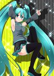  aqua_hair armpits arms_up boots detached_sleeves green_eyes hatsune_miku highres long_hair necktie noa_(nagareboshi) skirt smile solo thigh_boots thighhighs twintails very_long_hair vocaloid 