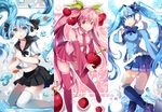  blue_eyes blue_hair blue_legwear boots bottle_miku bow breath bubble cherry chocho_(homelessfox) detached_sleeves earmuffs fish floating_hair food from_behind fruit gloves hair_ribbon hatsune_miku headset knee_boots kneeling leaning_forward liquid_hair long_hair looking_back midriff multiple_girls navel necktie pink_eyes pink_footwear pink_hair pink_legwear ribbon sakura_miku school_uniform serafuku skirt smile snowflakes snowman spring_onion thigh_boots thighhighs twintails very_long_hair vocaloid water white_legwear yuki_miku 