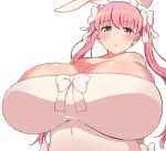  1girl :o animal_ears bare_shoulders blue_eyes bow breasts bunny_ears cleavage commentary_request hair_bow haramura_nodoka huge_breasts komusou_(jinrikisha) long_hair looking_at_viewer looking_down parted_lips pink_bow pink_hair saki simple_background solo twintails white_background white_bow 