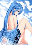  ayase_tamaki bikini blue_bikini blue_eyes blue_hair blue_skirt highres long_hair looking_at_viewer original pleated_skirt ponytail sitting skirt smile solo swimsuit 