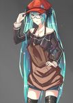  apron aqua_hair bad_id bad_pixiv_id bespectacled echj glasses hand_on_headwear hand_on_hip hat hatsune_miku jewelry long_hair necklace shorts simple_background solo thighhighs twintails very_long_hair vocaloid 