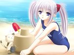  1girl beach cat elf game_cg long_hair name_tag nishimata_aoi official_art one-piece_swimsuit pointy_ears primula school_swimsuit shuffle! silver_hair smile stuffed_animal stuffed_toy swimsuit twintails 