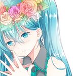  aqua_eyes aqua_hair bad_id bad_pixiv_id flower hatsune_miku head_wreath long_hair rose solo twintails vocaloid white_background wogura 