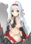  breasts gloves hairband highres kantai_collection looking_at_viewer medium_breasts navel nipples pupps shoukaku_(kantai_collection) silver_hair sitting solo yellow_eyes 