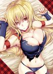  armband black_legwear black_panties blonde_hair breasts cleavage collarbone covered_nipples fate_testarossa fingerless_gloves gloves groin large_breasts long_hair lying lyrical_nanoha mahou_shoujo_lyrical_nanoha_strikers navel on_back panties parted_lips red_eyes shirt simon_(n.s_craft) solo sweat thighhighs torn_clothes torn_shirt underwear 