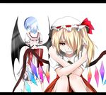  back_cutout bad_id bad_pixiv_id bat_wings blonde_hair blue_hair bow clenched_teeth crossed_arms crying crying_with_eyes_open elbow_on_knee elbows_on_knees fangs flandre_scarlet from_behind hair_over_one_eye hands_on_shoulders hat hat_ribbon headwear_removed highres knees_together letterboxed looking_down mob_cap multiple_girls red_eyes remilia_scarlet ribbon self_hug short_hair short_sleeves siblings side_ponytail simple_background sisters sitting skirt skirt_set slit_pupils standing streaming_tears tatetsuki tears teeth touhou white_background wings 
