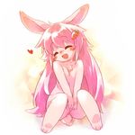  animal_ears bad_id bad_pixiv_id barefoot blush_stickers bunny_ears bunny_tail carrot carrot_hair_ornament closed_eyes eyebrows_visible_through_hair food_themed_hair_ornament furry hair_ornament hands_together heart long_hair mizuki_kotora nude open_mouth original pink pink_hair sitting smile solo tail v_arms very_long_hair 
