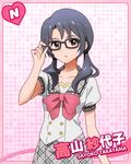  adjusting_eyewear artist_request blue_hair bow character_name glasses heart idolmaster idolmaster_million_live! long_hair looking_at_viewer official_art red_eyes school_uniform solo takayama_sayoko 