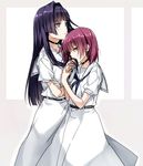  black_hair blue_eyes blush hair_tousle hirose_sumire hug kenao long_hair md5_mismatch miyanaga_teru multiple_girls red_eyes red_hair saki saki_achiga-hen school_uniform shiraitodai_school_uniform short_hair yuri 