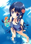  arikawa_satoru barefoot blue_eyes blue_hair blue_hawaii blush breasts cleavage drink flower food from_above fruit hair_flower hair_ornament long_hair medium_breasts one-piece_swimsuit orange orange_slice original school_swimsuit smile solo standing standing_on_liquid straw_(stalk) swimsuit tropical_drink very_long_hair water 