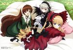  :d absurdres blonde_hair blue_eyes bow brown_hair drill_hair gothic_lolita green_eyes headdress heterochromia highres leg_hug lolita_fashion long_hair looking_back lying mary_janes megami morimoto_hirofumi multiple_girls non-web_source official_art on_stomach open_mouth pillow red_eyes ribbon rozen_maiden shinku shoes silver_hair smile socks suigintou suiseiseki very_long_hair 