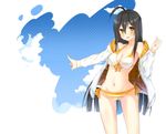  ahoge ara_han bikini black_hair breasts cleavage elsword front-tie_bikini front-tie_top highres jacket long_hair looking_at_viewer medium_breasts open_clothes open_jacket side-tie_bikini sideboob solo striped striped_bikini swimsuit ukeuke very_long_hair yellow_eyes 