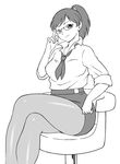  00s adjusting_glasses breasts chair curvy glasses holon legs_crossed loose_shirt necktie office_lady official_art pantyhose ponytail real_drive shirt simple_background sitting skirt sleeves_rolled_up uraharukon white_background 