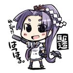  chibi closed_fan dress es_(eisis) eyebrows fan folding_fan gloves hand_on_hip hatsuharu_(kantai_collection) kantai_collection long_hair open_mouth ponytail purple_hair sailor_dress simple_background smile solo thick_eyebrows thighhighs translated very_long_hair white_background 