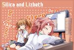  :p ^_^ bibi book brown_hair closed_eyes computer dress_shirt drooling english food food_on_face freckles ice_cream lisbeth monitor mouse_(computer) multiple_girls pink_hair saliva school_uniform shirt short_hair short_twintails silica skirt sleeping sword_art_online tongue tongue_out twintails 
