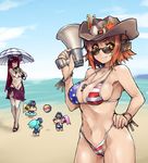  american_flag_bikini aqua_hair ball beach beachball between_breasts bikini blonde_hair breasts brown_eyes brown_hair chibi closed_eyes colorized connie cosmic_break cowboy_hat day flag_print hat highleg highleg_bikini highleg_swimsuit kisrill lazflamme long_hair megaphone minigirl multiple_girls pink_hair red_hair school_swimsuit short_hair skj smile sunglasses swimsuit umbrella 