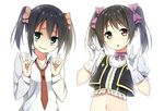  \m/ bags_under_eyes black_hair brown_eyes crossover double_\m/ gloves green_eyes kuroki_tomoko love_live! love_live!_school_idol_project midriff multiple_girls navel necktie no_brand_girls short_hair short_twintails sky_(freedom) twintails watashi_ga_motenai_no_wa_dou_kangaetemo_omaera_ga_warui! yazawa_nico 