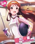  :d artist_request blush brown_eyes brown_hair character_name epee fencing fencing_suit hairband heart helmet idolmaster idolmaster_million_live! long_hair looking_at_viewer official_art open_mouth smile solo sweat tanaka_kotoha 