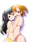  \m/ alternate_hairstyle bikini black_hair blue_eyes brown_hair frilled_bikini frills grin hug kousaka_honoka long_hair love_live! love_live!_school_idol_project multiple_girls navel nishiuri_warito one_eye_closed one_side_up pink_bikini red_eyes short_hair short_twintails smile striped striped_bikini striped_swimsuit swimsuit twintails yazawa_nico yellow_bikini 