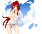  armpits bikini bottle elesis_(elsword) elsword highres holding holding_bottle long_hair looking_at_viewer one_eye_closed ponytail red_eyes red_hair see-through shirt side-tie_bikini smile solo striped striped_bikini swimsuit ukeuke very_long_hair wet wet_clothes wet_shirt white_shirt 