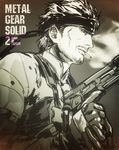  ataraxa cigarette facial_hair gun headband male_focus metal_gear_(series) metal_gear_solid_2 monochrome mullet smoke solid_snake solo stubble weapon 