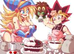  1boy 1girl apron bare_shoulders blonde_hair blue_eyes blush_stickers bocodamondo breasts cake cleavage collar collarbone dark_magician_girl food gauntlets happy hat kuriboh large_breasts long_hair multicolored_hair mutou_yuugi open_mouth panties pink_panties red_eyes red_hair simple_background sleeveless smile spiked_hair two-tone_hair underwear upper_teeth white_background wizard_hat yu-gi-oh! 