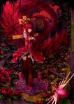  arms_up black_rose_dragon breasts chain cleavage corset cross dress duel_monster flower garter_straps highres hourai_no_hangentsuki izayoi_aki long_hair majestic_dragon medium_breasts purple_eyes red red_dress red_hair restrained rose smile thighhighs yuu-gi-ou yuu-gi-ou_5d's zettai_ryouiki 