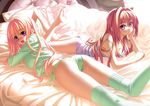  2girls barefoot bed corticarte_apa_lagranges kannatsuki_noboru long_hair panties pink_hair purple_eyes shinkyoku_soukai_polyphonica thighhighs underwear yugiri_perserte 