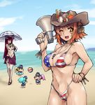  american_flag_bikini aqua_hair ball beachball between_breasts bikini blonde_hair breasts brown_eyes brown_hair chibi closed_eyes colorized connie cosmic_break cowboy_hat flag_print hat highleg highleg_bikini highleg_swimsuit kisrill lazflamme long_hair multiple_girls one-piece_swimsuit one_eye_closed open_mouth orange_hair pink_hair red_hair school_swimsuit short_hair skj smile swimsuit umbrella 