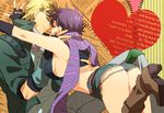  1girl abaraya ass blonde_hair blue_eyes boots breasts caesar_anthonio_zeppeli closed_eyes crop_top denim denim_shorts facial_mark fingerless_gloves genderswap genderswap_(mtf) gloves heart jojo_no_kimyou_na_bouken joseph_joestar_(young) medium_breasts midriff pants purple_hair scarf short_hair shorts sideboob smile torn_clothes torn_pants 