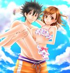  1girl bikini black_eyes black_hair brown_eyes brown_hair carrying gekota kamijou_touma misaka_mikoto princess_carry short_hair spiked_hair swimsuit tamaso to_aru_kagaku_no_railgun to_aru_majutsu_no_index 