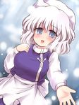  blue_eyes blush breasts hat large_breasts letty_whiterock open_mouth ry short_hair smile snowing solo touhou white_hair 