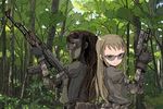  airsoft ak-47 assault_rifle blonde_hair brown_hair camouflage earbuds earphones elbow_pads finger_on_trigger forest glasses glock gloves gun hair_ornament hairclip handgun hatsuse_karila kirishima_rento kokudou_juunigou military multiple_girls nature rifle safety_glasses tokurei_sochi_dantai_stella_jogakuin_c3_bu weapon 