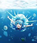  blue_dress blue_eyes blue_hair bow bubble cirno crystal_(zhimengxingyun) diving dress fish frog frozen frozen_frog hair_bow highres ice ice_wings looking_at_viewer open_mouth outstretched_arms short_sleeves smile solo touhou underwater wings 