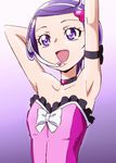  :d armpits bow choker dokidoki!_precure dress eyelashes frills hand_behind_head headset heart kenzaki_makoto manji_(tenketsu) open_mouth precure purple_eyes purple_hair short_hair smile solo waving 