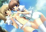  2girls blue_eyes breasts brown_eyes brown_hair hulotte ikegami_akane makiya_sumika nipples no_bra open_shirt panties scan school_swimsuit seifuku swimsuit tezuka_yumimi thighhighs underwear undressing with_ribbon 