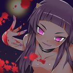  blood blood_splatter blush breasts collar collarbone evil_smile fingernails horns kami_nomi_zo_shiru_sekai licking_lips long_hair looking_at_viewer lune_(kaminomi) nail_polish nude purple_eyes purple_hair sharp_fingernails small_breasts smile solo tongue tongue_out yuto_(dialique) 