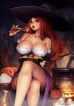  breasts cleavage cropped crossed_legs dragon's_crown eating food fork hat highres huge_breasts long_hair meat messy pinky_out red_hair shigatake sitting solo sorceress_(dragon's_crown) third-party_edit witch_hat 