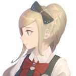  1girl aki_aiko alternate_eye_color bangs blonde_hair bow braid commentary_request danganronpa dress face french_braid from_side green_eyes hair_bow hair_ornament jewelry long_hair ponytail red_bow red_neckwear simple_background smile solo sonia_nevermind super_danganronpa_2 white_background 