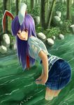  animal_ears bunny_ears highres long_hair looking_at_viewer looking_back necktie omaehadareda-uso open_mouth purple_hair red_eyes red_neckwear reisen_udongein_inaba river skirt solo touhou wet wet_clothes wringing_clothes wringing_skirt 