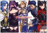  4girls adapted_costume armor artoria_pendragon_(all) azusa_(hws) black_hair blonde_hair blue_hair breasts caster circlet column_lineup fate/stay_night fate_(series) hood lancer large_breasts multiple_girls purple_hair rider saber small_breasts toosaka_rin 