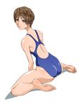  barefoot brown_eyes brown_hair competition_swimsuit feet highres looking_back one-piece_swimsuit original short_hair sitting smile soles solo swimsuit toes tsutsumi_keisuke 