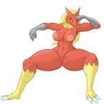  2019 anthro avian biceps blaziken blonde_hair blue_eyes breasts claws danonymous eyelashes female front_view fur hair hand_on_head looking_away multicolored_fur muscular muscular_female nintendo nipples nude pok&eacute;mon pok&eacute;mon_(species) pussy red_fur simple_background sitting solo thick_thighs triceps tuft two_tone_fur video_games white_background wide_hips yellow_fur yellow_sclera 