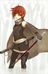  androgynous bad_id bad_pixiv_id cape elbow_gloves eyepatch flat_chest gloves jan katana original red_eyes red_hair short_hair shorts solo sword thighhighs weapon 