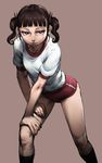  1girl black_socks blue_eyes blunt_bangs brown_hair buruma chyko closed_mouth gym_uniform hair_ribbon hand_on_own_knee hand_on_own_thigh kneehighs leaning_forward legs_apart long_hair looking_away looking_to_the_side original red_buruma ribbon short_sleeves simple_background socks solo standing twintails 