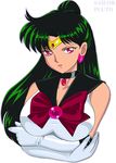  bishoujo_senshi_sailor_moon black_choker bow breast_hold breasts character_name choker crossed_arms earrings elbow_gloves gloves green_hair hair_bun half_updo jewelry large_breasts lipstick long_hair magical_girl makeup meiou_setsuna pirochi red_bow red_eyes sailor_pluto sailor_senshi_uniform solo tiara white_background white_gloves 