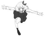  :d blush bow fang full_body gengorou greyscale hair_bow hair_ribbon leaning_forward loafers monochrome open_mouth outstretched_arms ribbon rumia shoes short_hair simple_background smile solo spread_arms standing standing_on_one_leg touhou 