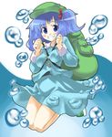  backpack bag blue_hair blush gengorou hair_bobbles hair_ornament happy hat jumping kawashiro_nitori school_swimsuit solo swimsuit swimsuit_under_clothes touhou two_side_up 