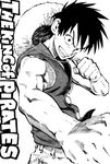  bangs bare_arms buttons chin_strap clenched_hands english furrowed_eyebrows greyscale grin hat hat_removed headwear_removed looking_at_viewer male_focus monkey_d_luffy monochrome murata_yuusuke one_piece outstretched_arm punching simple_background sleeveless smile solo spiked_hair straw_hat upper_body white_background 